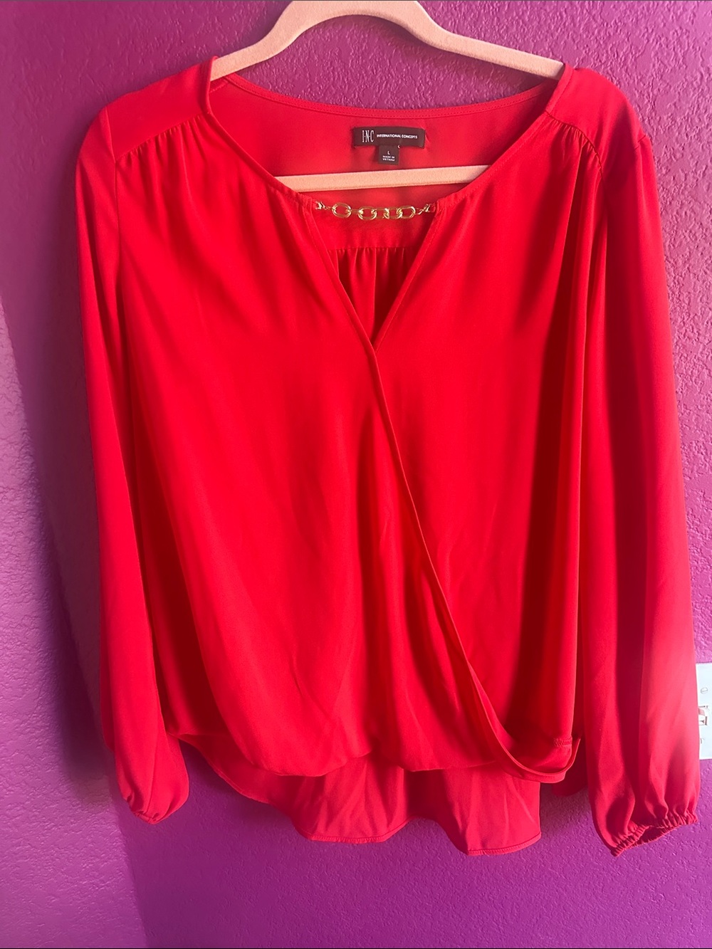 INC International Concepts Bright Red Wrap Blouse with Gold Chain Accent